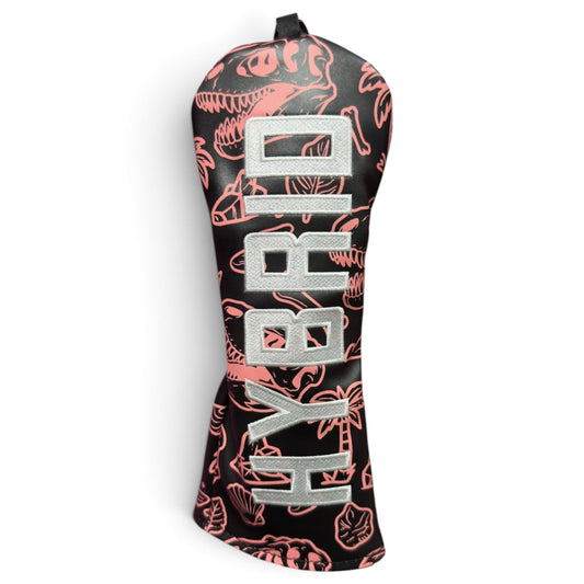 Front of Logie Joe’s Fossil Fairways hybrid headcover with pink dinosaur fossils and embroidered HYBRID lettering